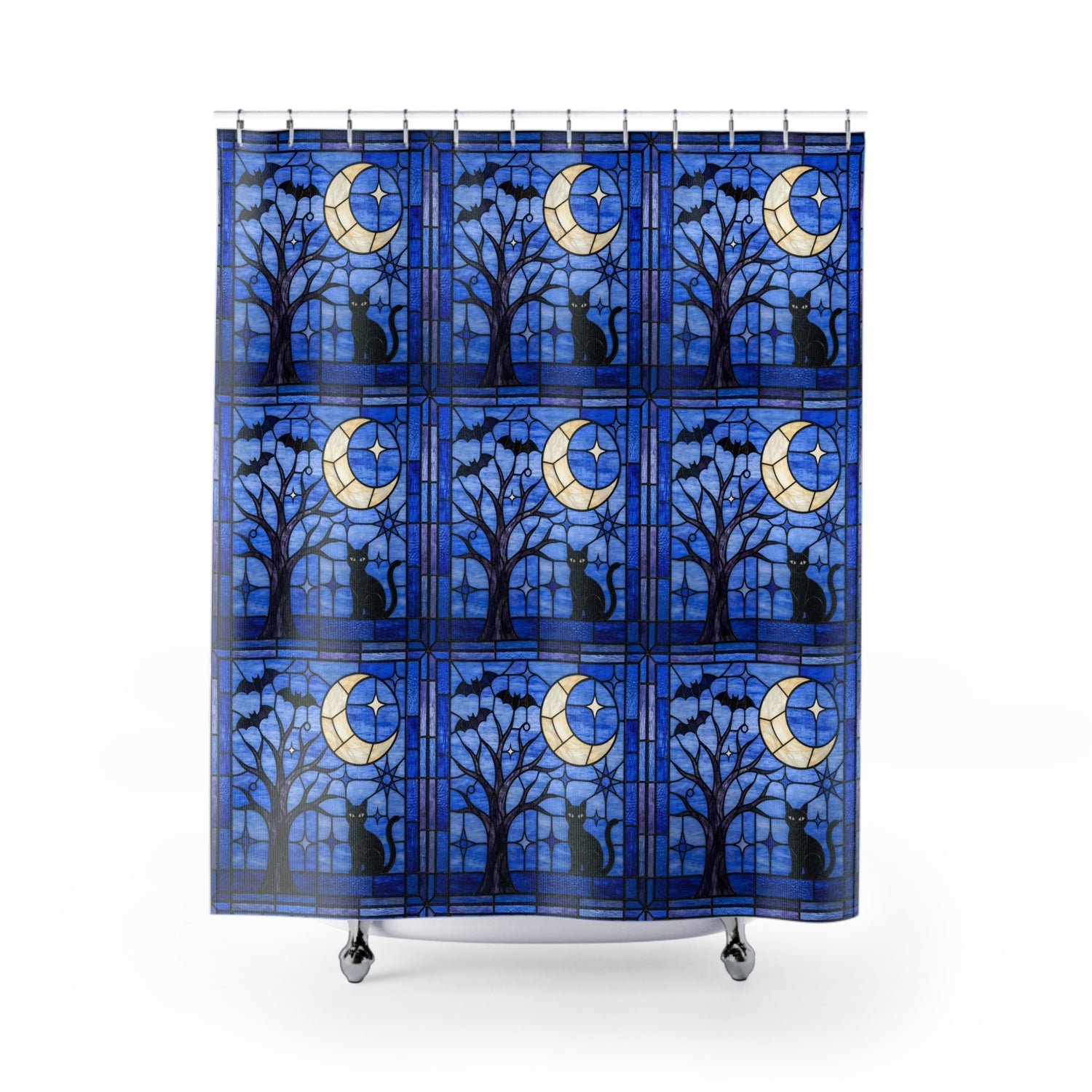 Halloween Stained Glass Style Night Sky Black Cat Shower Curtain - Mid Century Modern Gal