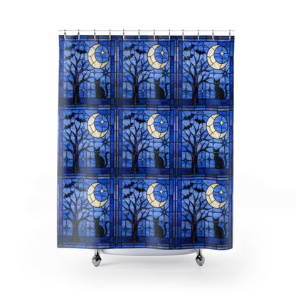 Halloween Stained Glass Style Night Sky Black Cat Shower Curtain - Mid Century Modern Gal