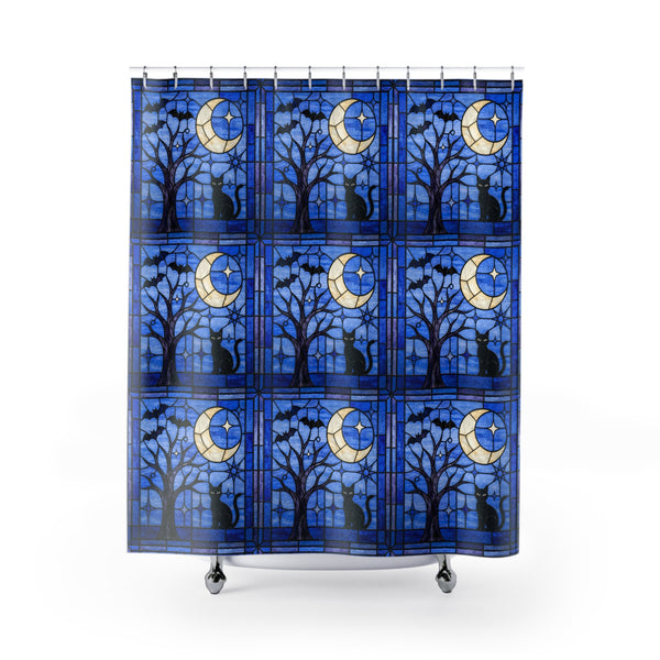 Halloween Stained Glass Style Night Sky Black Cat Shower Curtain