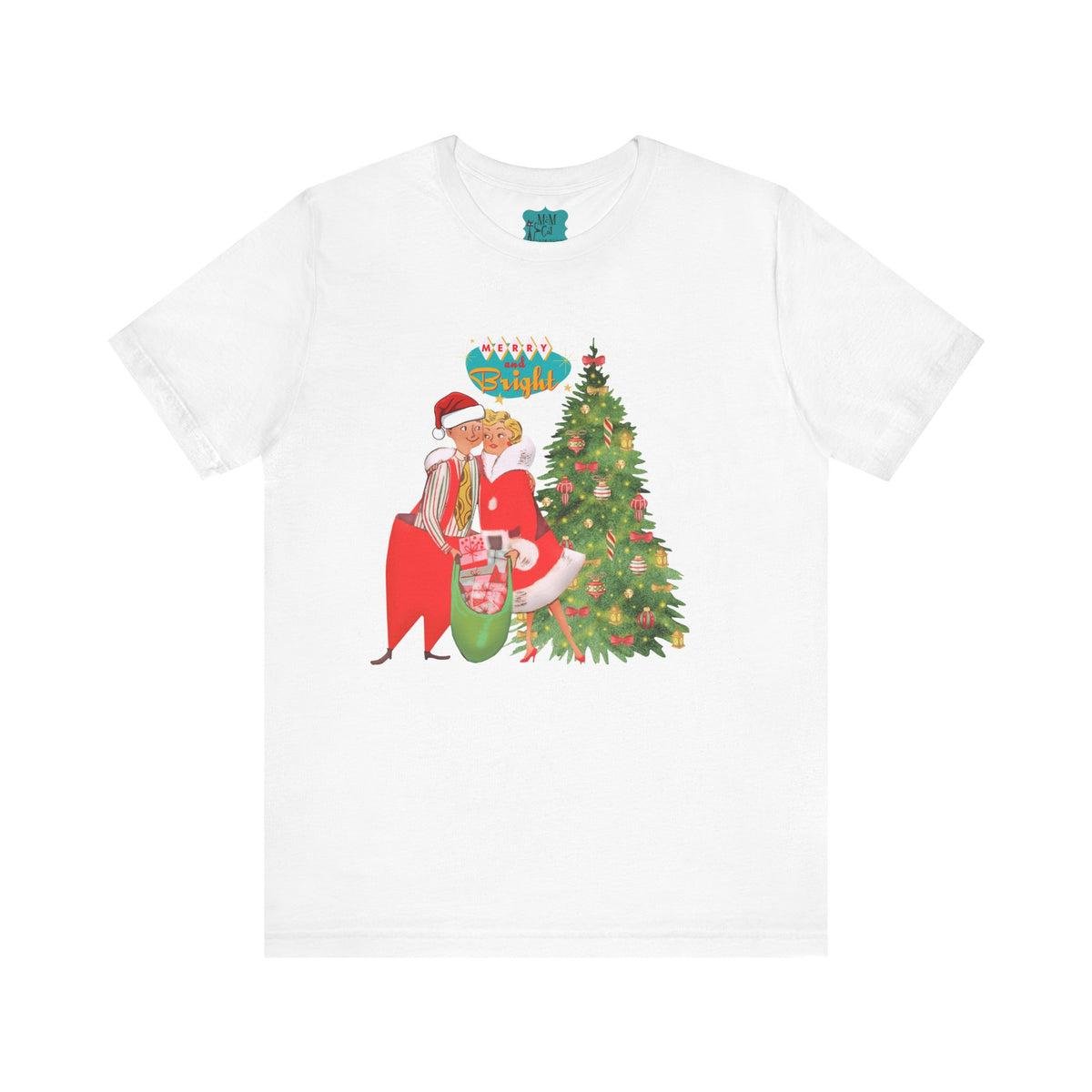 Festive Kitshy Mid Mod Christmas Couple Tee - Unisex Short Sleeve Jersey Shirt - Mid Century Modern Gal