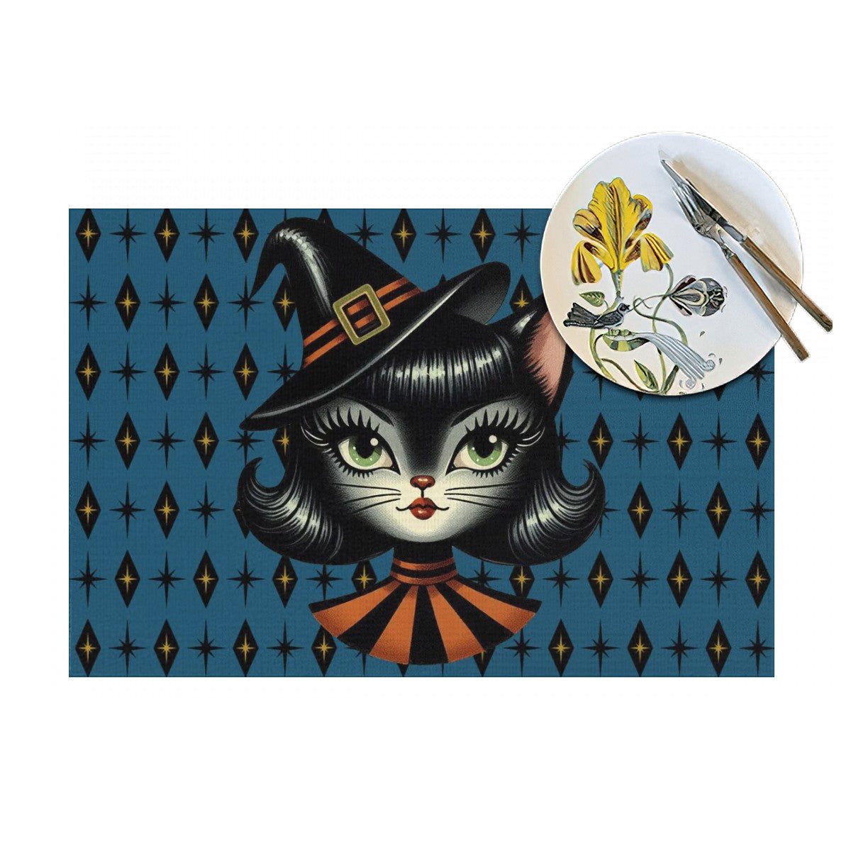Vintage Halloween Black Cat Sexy Sexton Mid Century Modern Blue Placemat 1pc - Mid Century Modern Gal