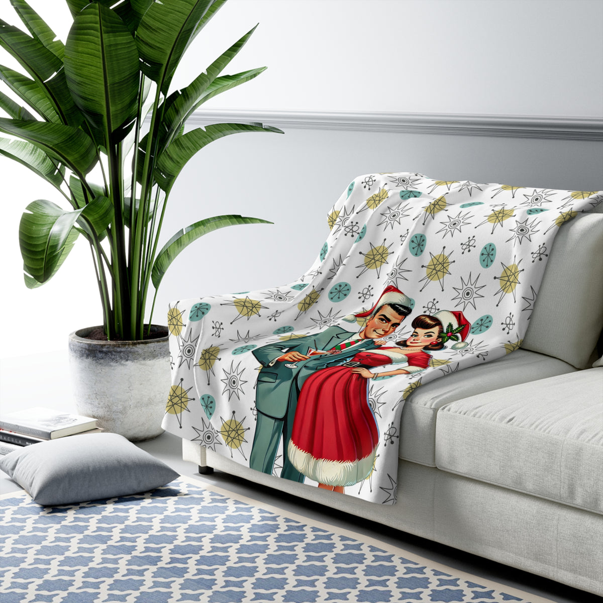 Holiday Cheers, 50s Atomic Style Cozy Kitschy Blanket Gift - Mid Century Modern Gal
