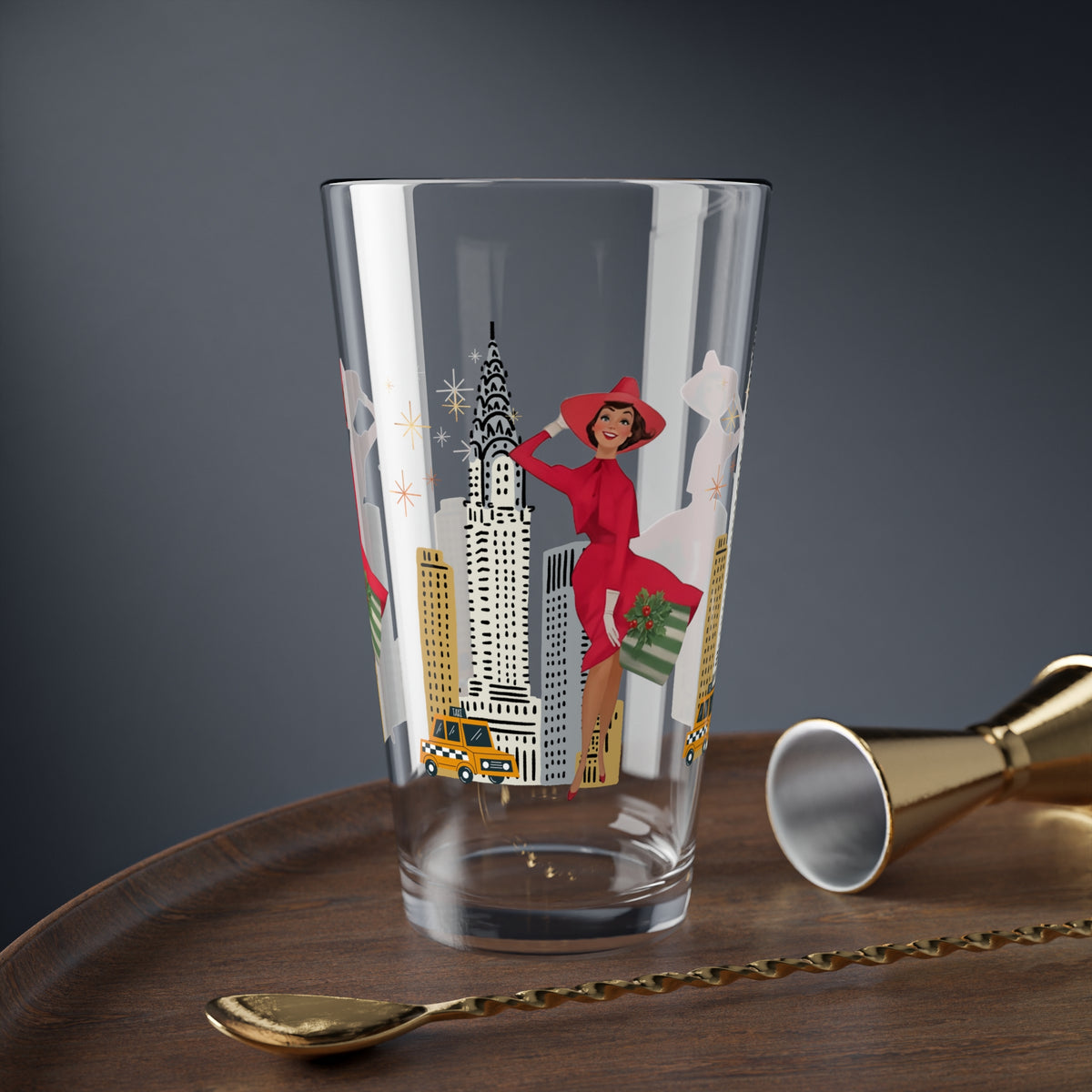 Mid Century Modern Christmas Glam Gal Chic NYC Mixing Glass - 16oz Decorative Drinkware with Iconic Skyline and Holiday Celebration Design - Mid Century Modern Gal