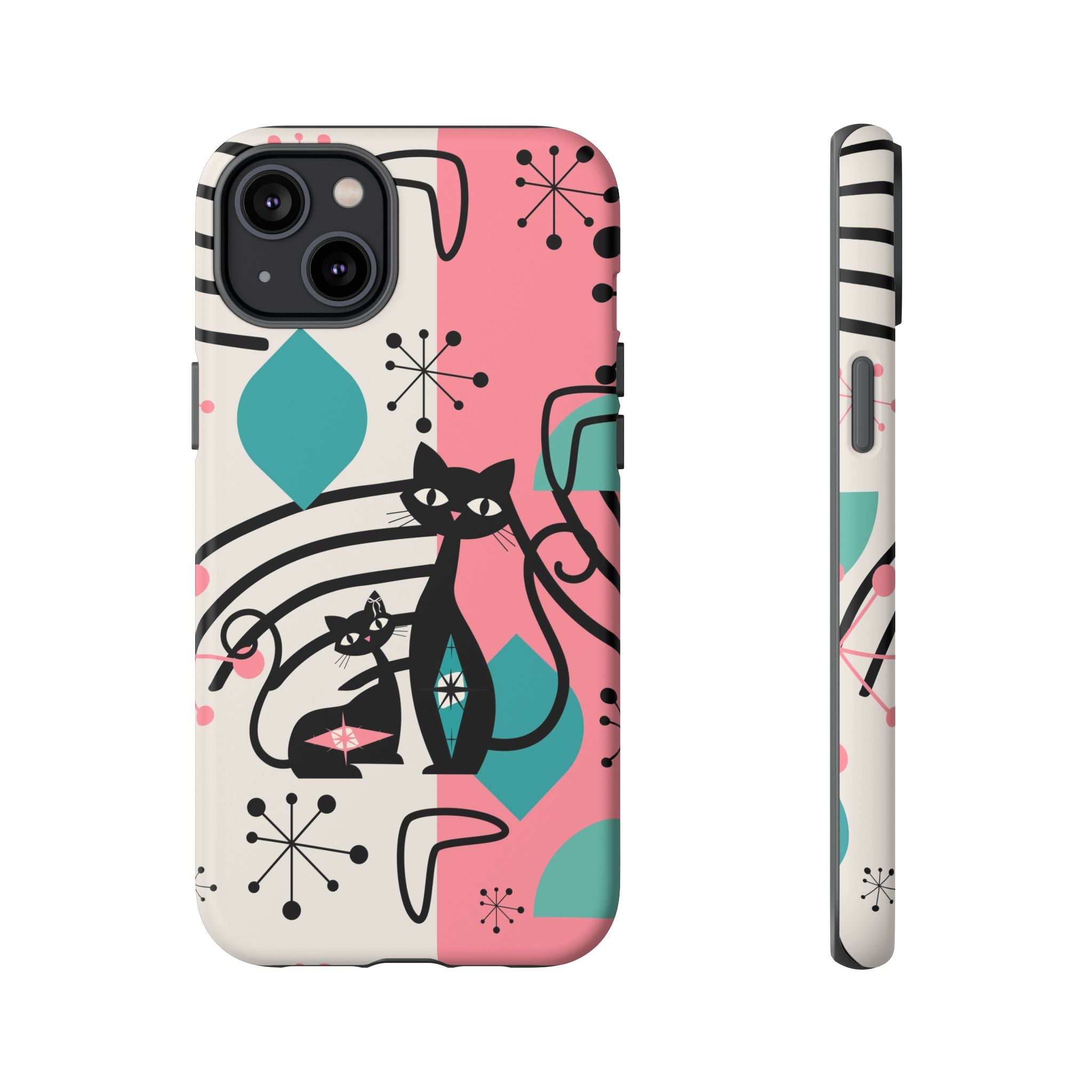 Mid Mod Atomic Cat Boomerang Starburst, Pink, Black Kitschy Stylish Cat Phone Case: Modern Design for Cat Lovers - Mid Century Modern Gal
