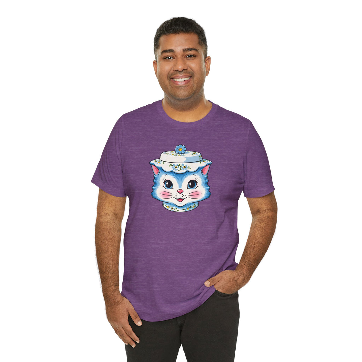 Mid Century Modern Kitschy Anthropomorphic Blue Cat with Floral Hat Unisex T-Shirt