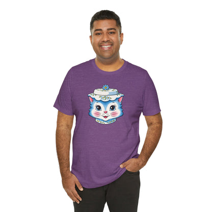 Mid Century Modern Kitschy Anthropomorphic Blue Cat with Floral Hat Unisex T-Shirt