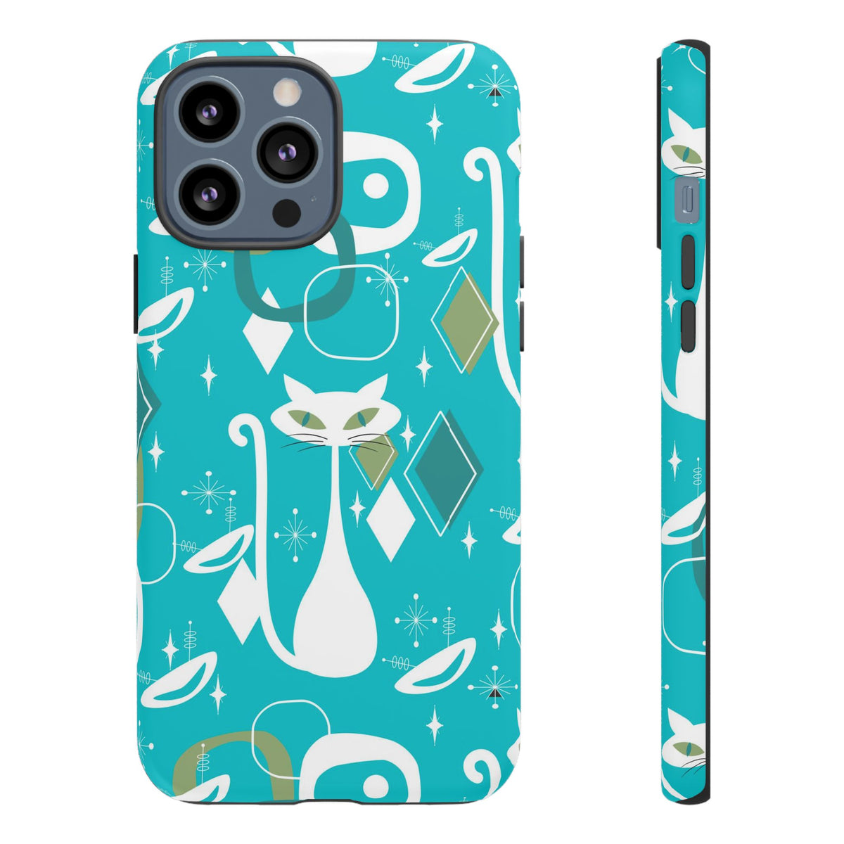 Atomic Cat Space Designs, Mid Century Modern, Aqua, White Kitschy Cat Tough Phone Case