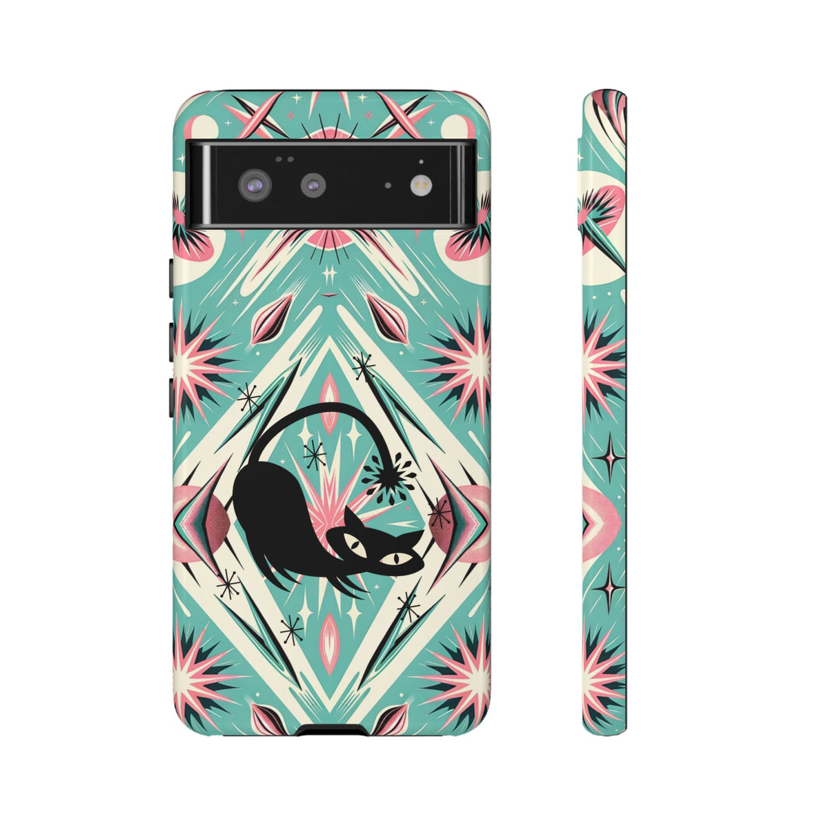 Atomic Cat, Mid Century Modern Aqua Blue, Pink, Starbursts Tough Phone Case
