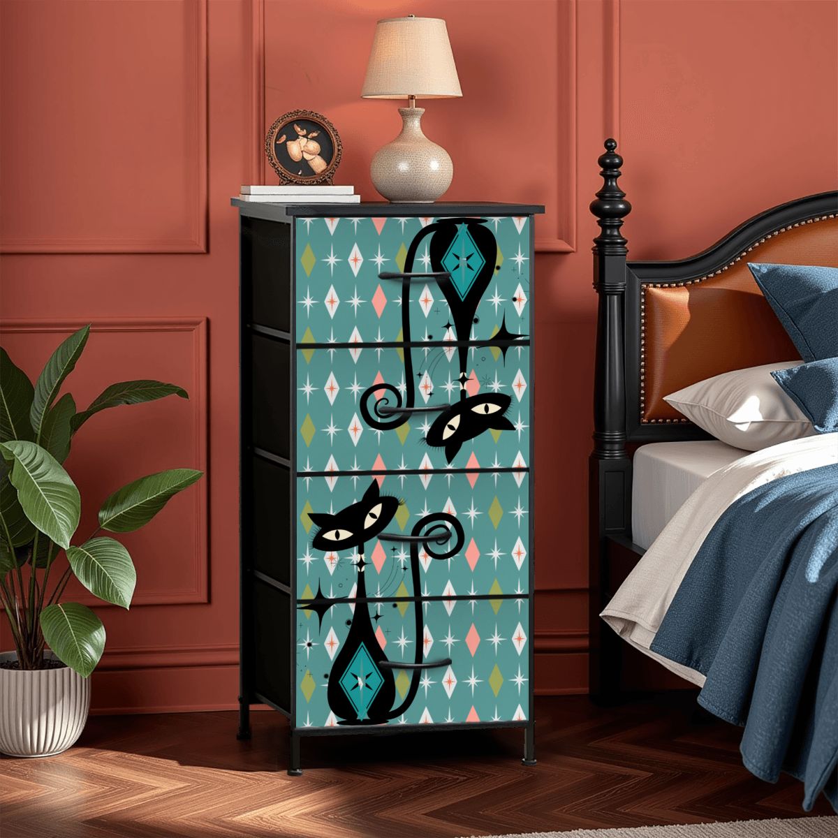Kitschy Atomic Cat Mid Century Modern Diamonds 4-Drawer Dresser - Mid Century Modern Gal