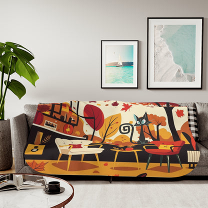 Scandinavian Fall Halloween Atomic Cat Cozy Seasonal Sherpa Blanket - Mid Century Modern Gal