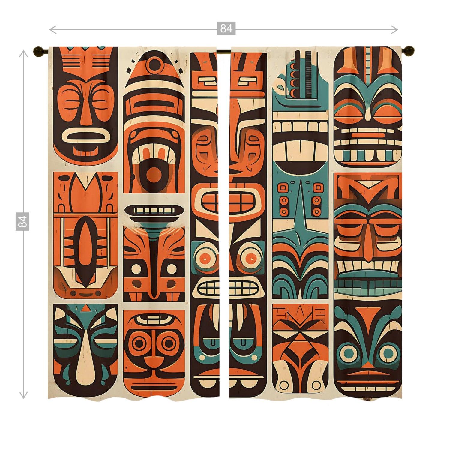 Tiki Idol Mid Mod Retro Orange, Teal Beige Window Curtains (two panels)