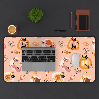 Atomic Cat Desk Mat, Mid Century Modern Office Kitschy Coral Cute Kitties Office Decor