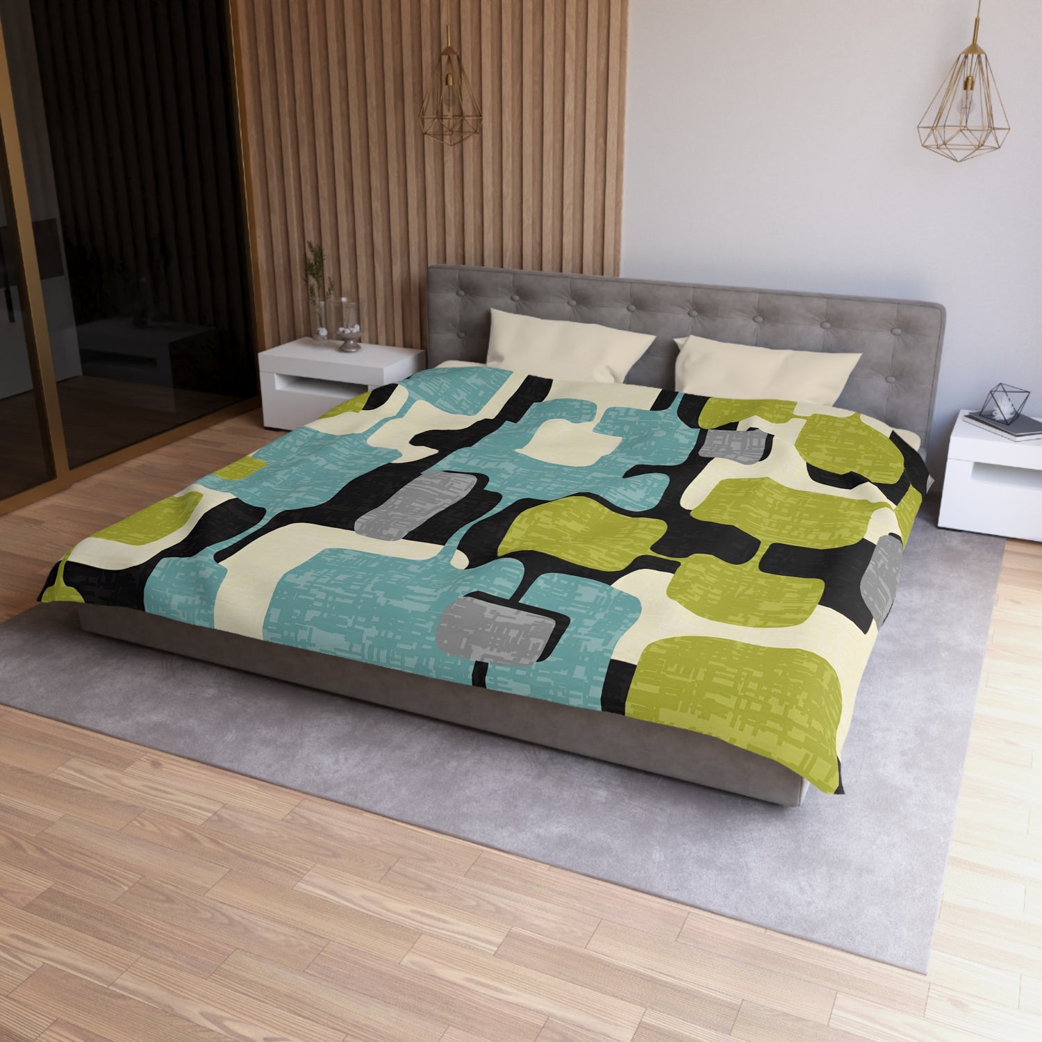 Mid Century Modern Geometric Atomic Home Living, Aqua Blue, Green, Black Gray Microfiber Duvet Cover - Mid Century Modern Gal