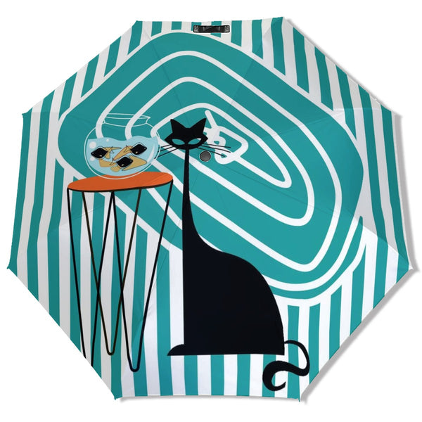 Atomic Cat Mid Mod Fish Art Quirky Fun Blue White Striped UV Protection Umbrella