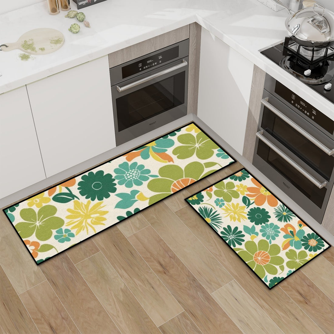 Mid Mod Flower Power 70s Groovy Kitchen Area Rug Set for Floor Non-Slip Washable - Mid Century Modern Gal