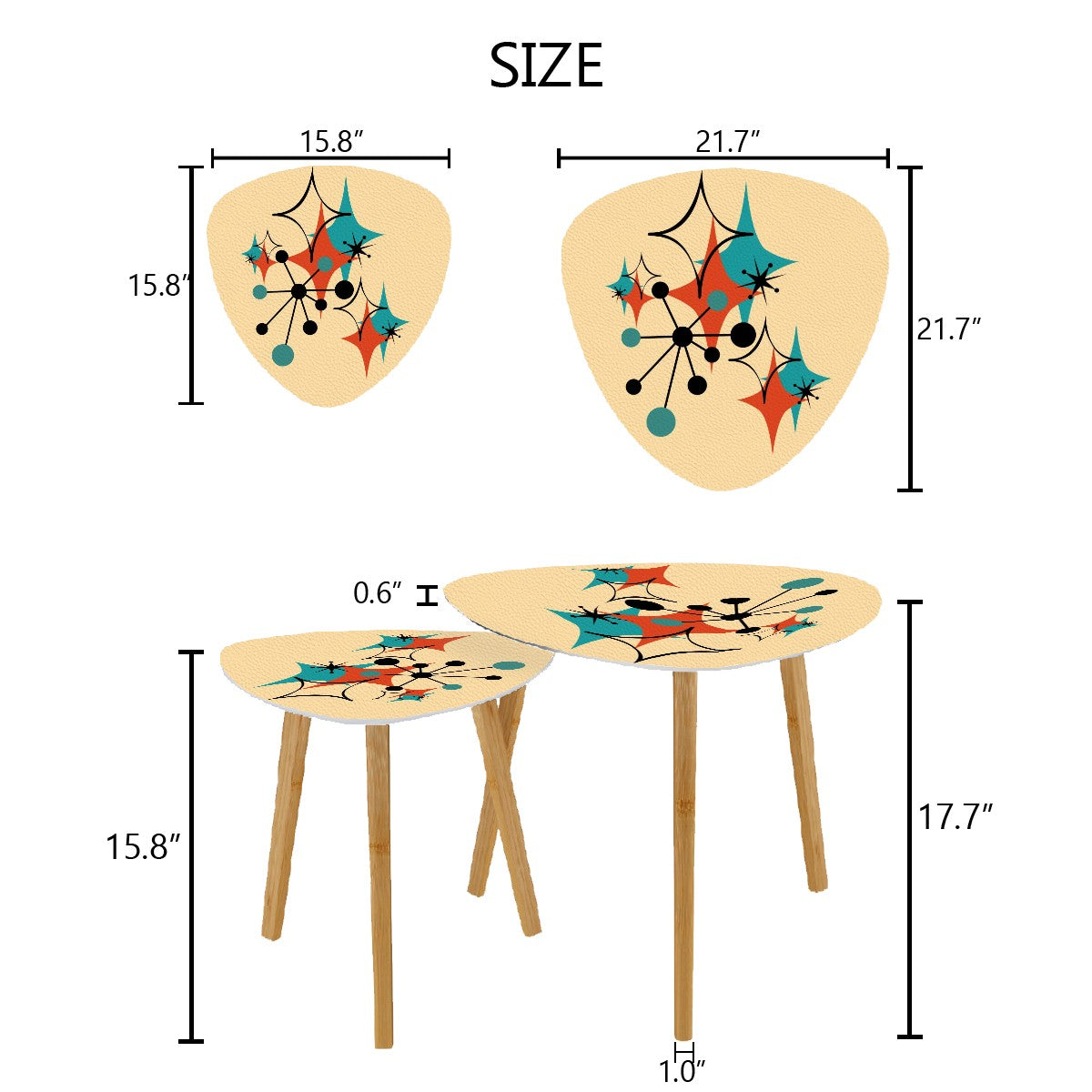 Mid Century Modern Atomic Starbursts, Retro Triangle Coffee Table Set - Mid Century Modern Gal
