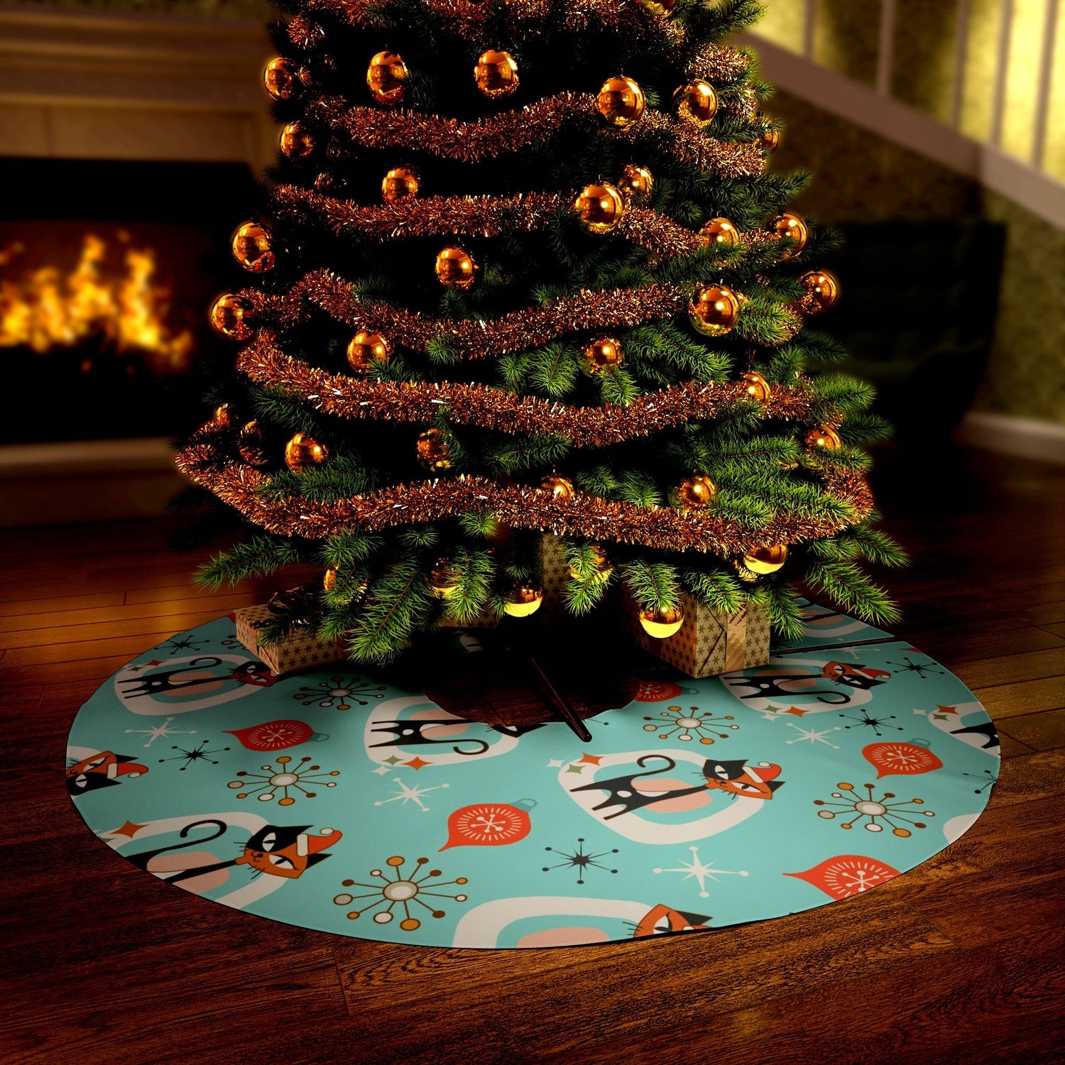 Atomic Christmas Tree Skirt, Quirky Cats, Fun Retro 50&