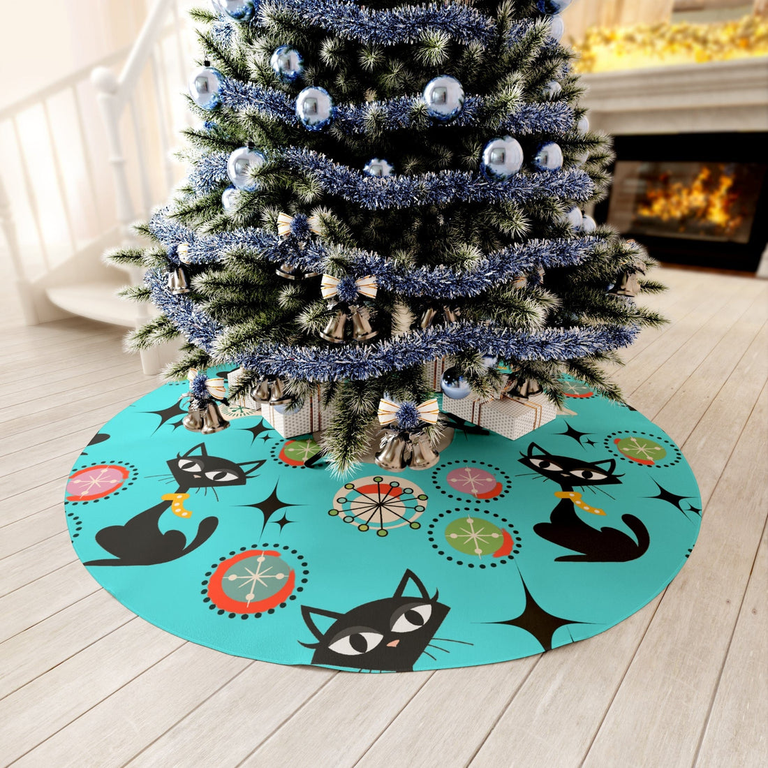 Kitschy Cat, Atomic Mid Mod Aqua Blue, Holiday, Christmas, Retro MCM X-Mas Round Tree Skirt Home Decor 57&