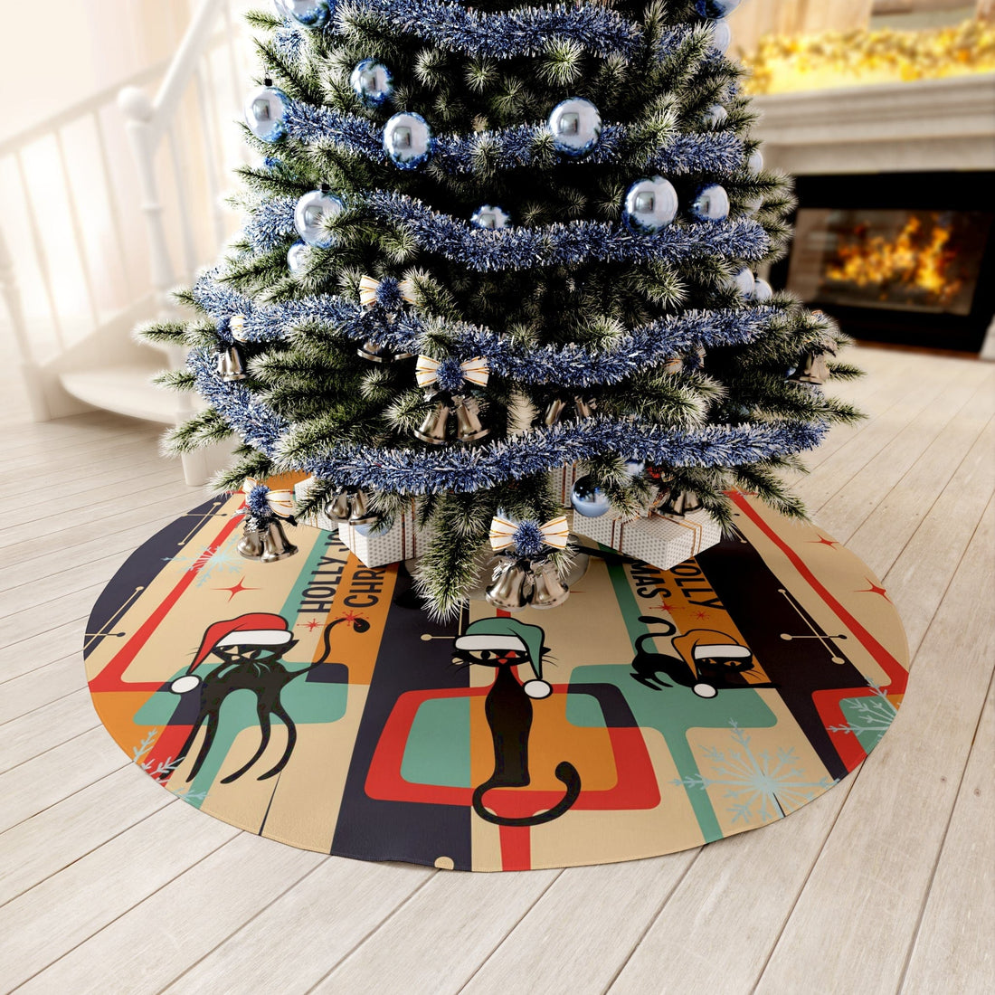 Mid Century Modern Christmas Decor, Atomic Cat Designs, Holly Jolly Christmas MCM Geometric Retro Round Tree Skirt Home Decor 57&