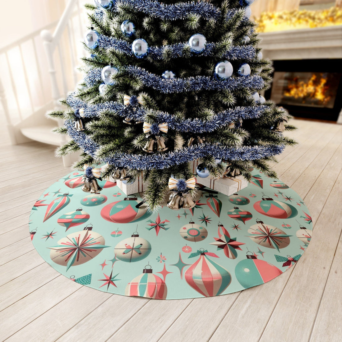 Mid Century Modern Shiny Brite Ornament Christmas Tree Skirt, Light Aqua, Pink, Winter White, Kitschy 50&