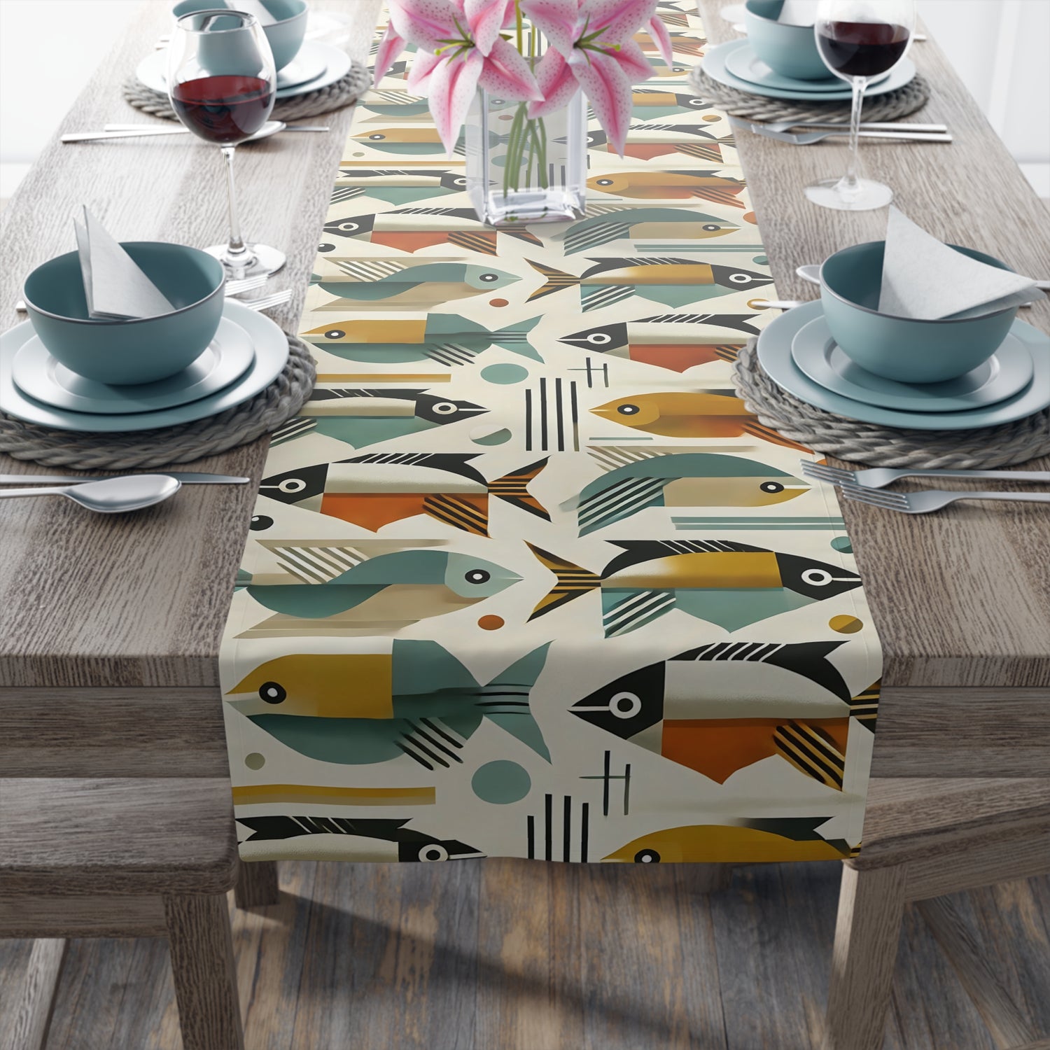 Atomic Fish, Bauhaus Mid Century Modern Fish Table Runner - Colorful Decor for Dining - Mid Century Modern Gal