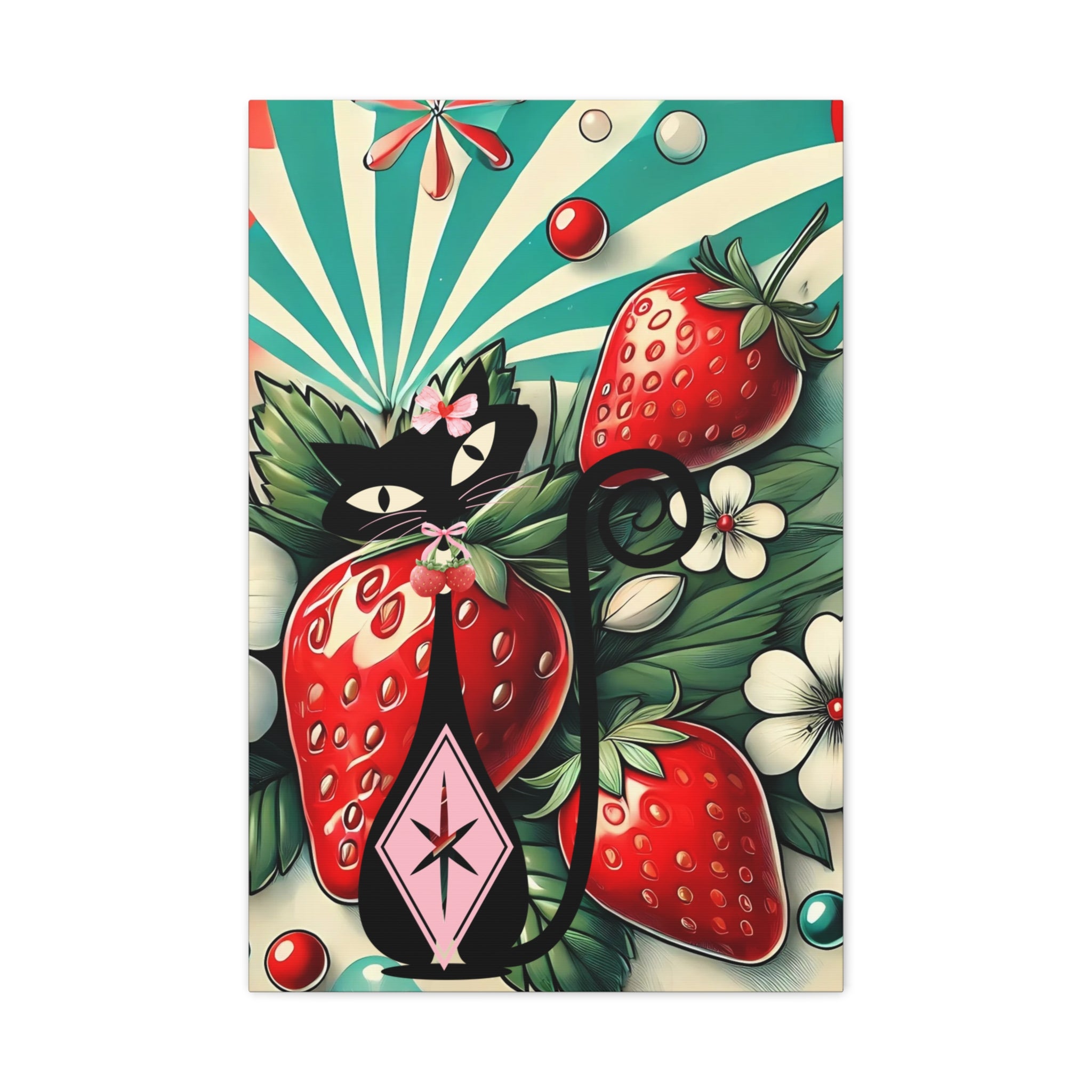 Retro Atomic Cat and Strawberry Wall Art Canvas - Vibrant Home Decor - Mid Century Modern Gal