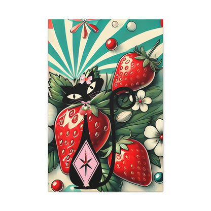 Retro Atomic Cat and Strawberry Wall Art Canvas - Vibrant Home Decor