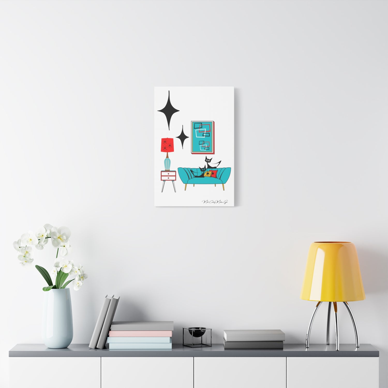 Mid Century Modern Wall Art, Atomic Cat Living Room Retro. Teal Blue, Red, Black Canvas Art - Mid Century Modern Gal