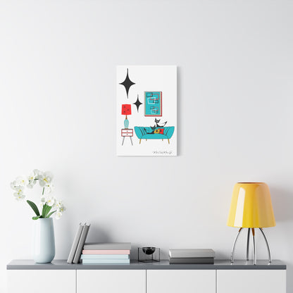 Mid Century Modern Wall Art, Atomic Cat Living Room Retro. Teal Blue, Red, Black Canvas Art - Mid Century Modern Gal