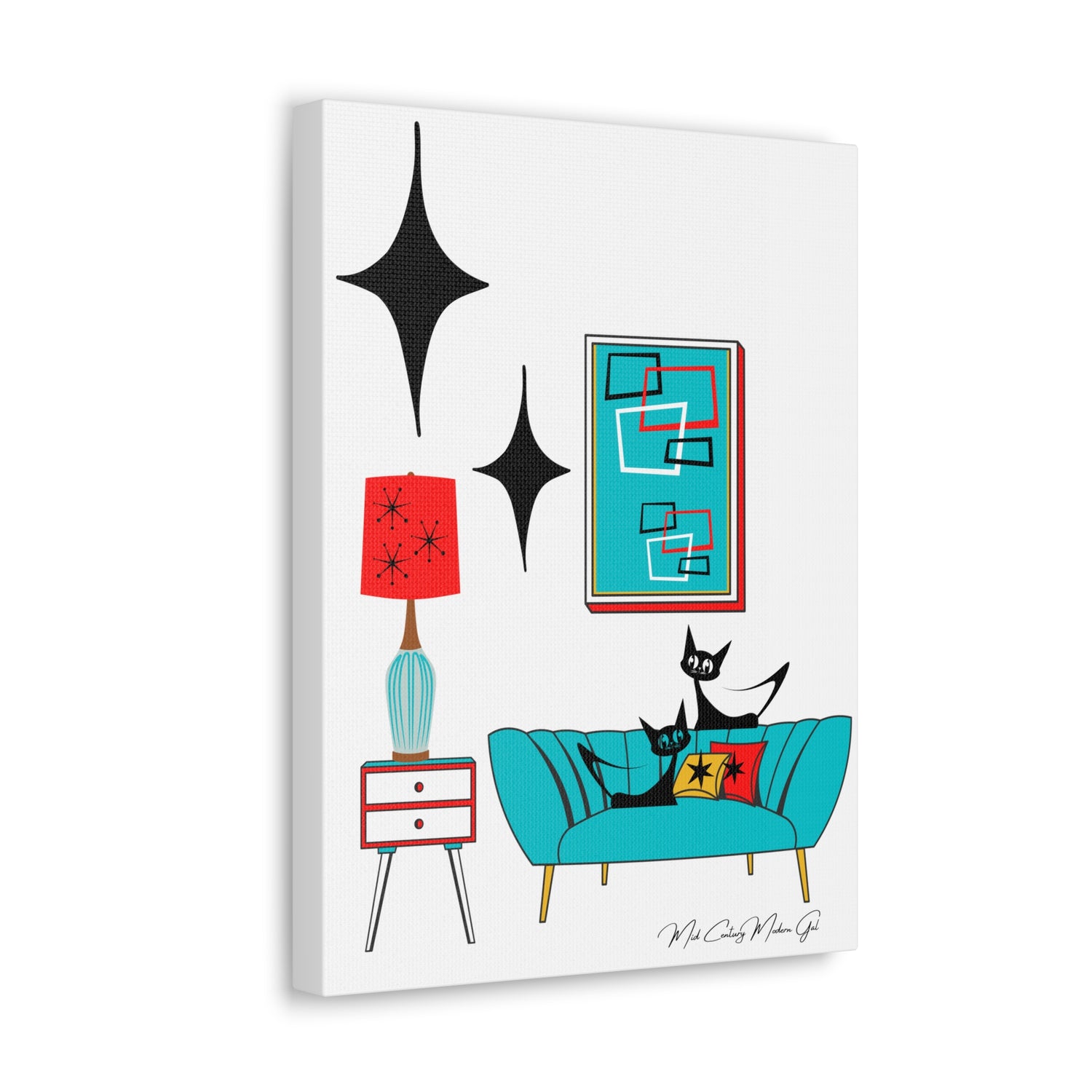 Mid Century Modern Wall Art, Atomic Cat Living Room Retro. Teal Blue, Red, Black Canvas Art