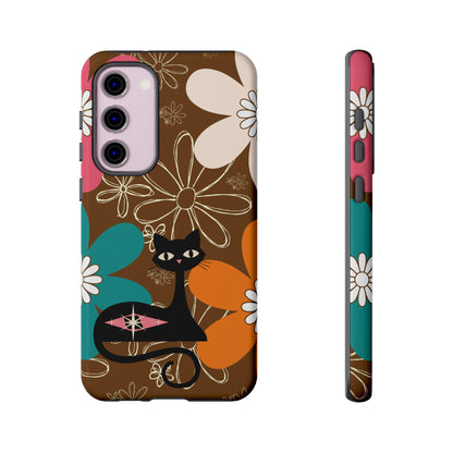 Atomic Cat Retro 70s Vibe Flower Power Tough Cases: Cute Floral and Cat Phone Case for Cat Lovers - Mid Century Modern Gal
