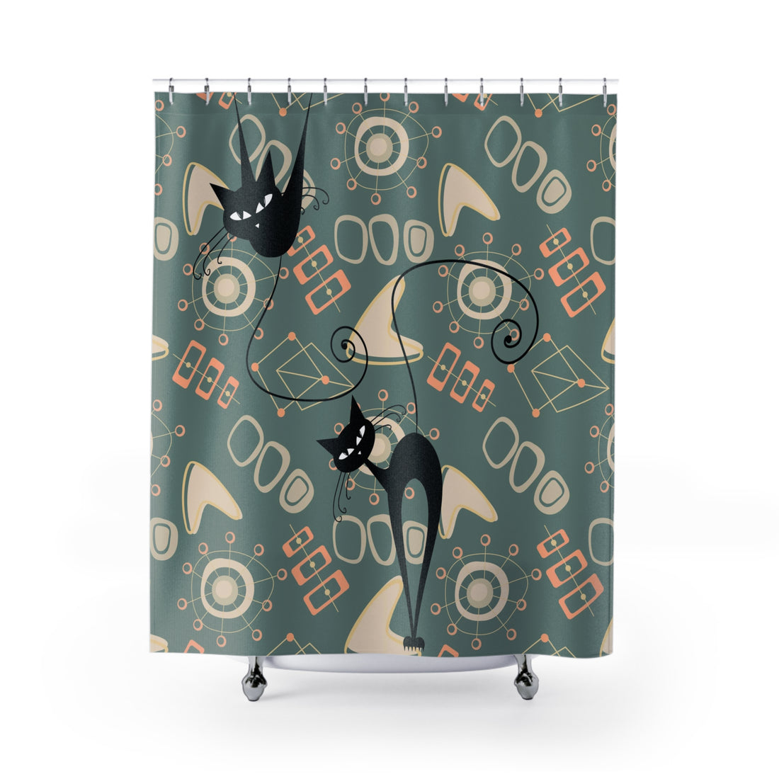 Atomic Cat Shower Curtain, Mid Mod Retro Kitschy, Mid Century Modern Googie Designs Bathroom Shower Curtain - Mid Century Modern Gal