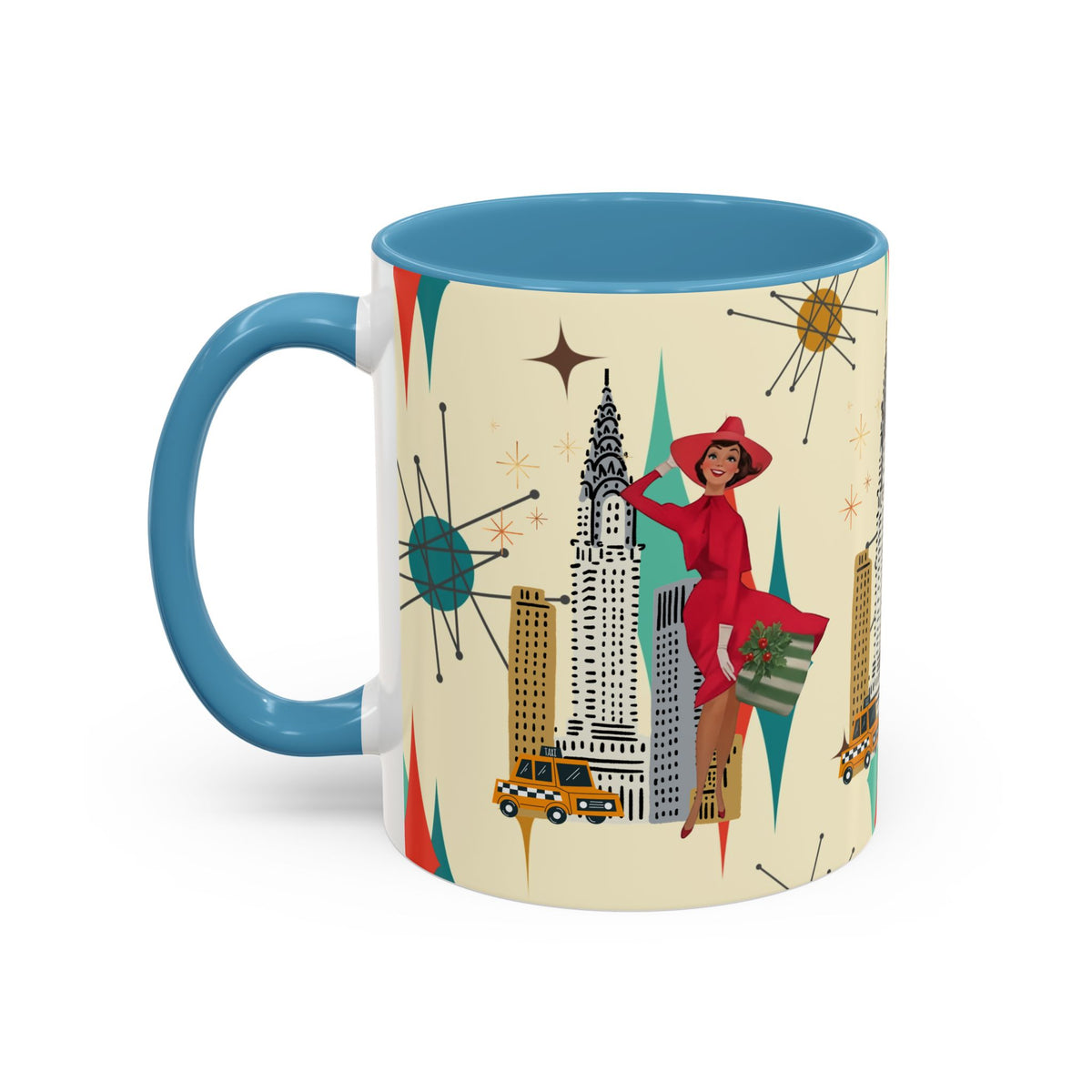 Mid Century Modern Kitschy Christmas Gal, Franciscan Starburst Diamond Retro Chic Accent Coffee Mug - Vintage Cityscape Design - Mid Century Modern Gal