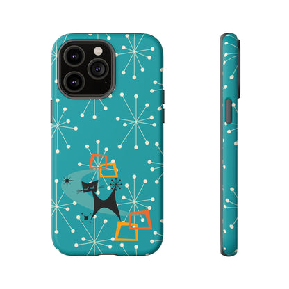 Atomic Space Cat, Starburst Blue, Retro Groovy Smart Phone Tough Phone Cases
