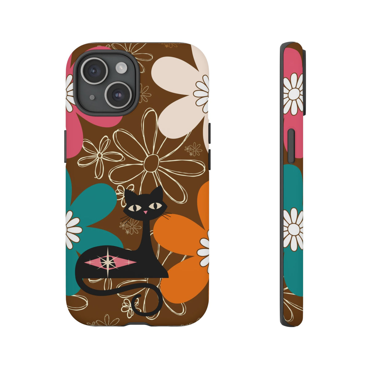 Atomic Cat Retro 70s Vibe Flower Power Tough Cases: Cute Floral and Cat Phone Case for Cat Lovers - Mid Century Modern Gal