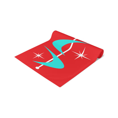 Retro Christmas Red Atomic Boomerang Mid Century Modern Aqua Blue, White Star Burst Table Runner - Mid Century Modern Gal