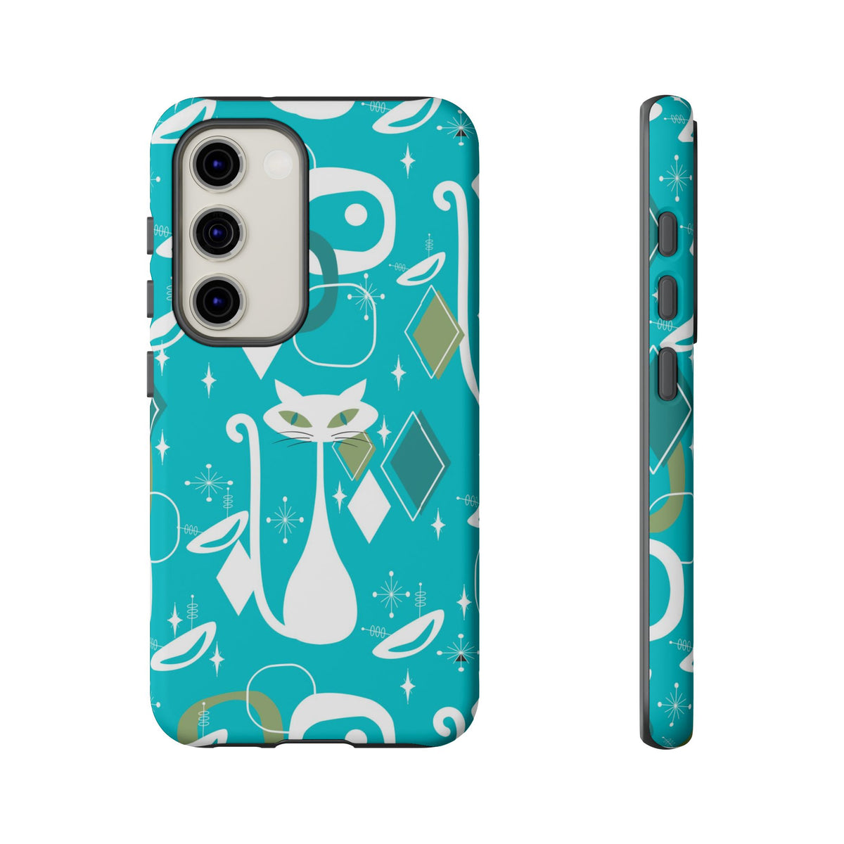 Atomic Cat Space Designs, Mid Century Modern, Aqua, White Kitschy Cat Tough Phone Case
