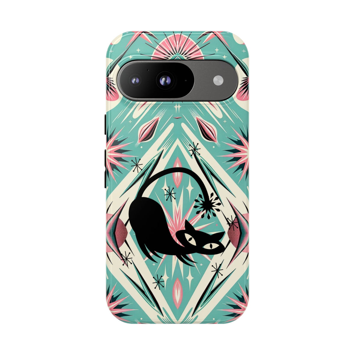 Atomic Cat, Mid Century Modern Aqua Blue, Pink, Starbursts Tough Phone Case