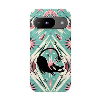 Atomic Cat, Mid Century Modern Aqua Blue, Pink, Starbursts Tough Phone Case