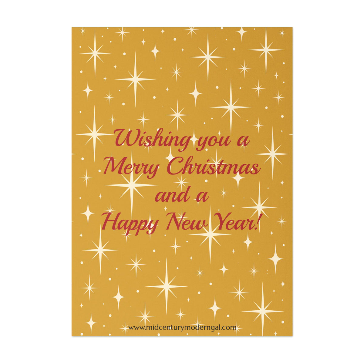 Mid Century Modern Christmas Glamour Gal Wrapping Presents by Tree, Gold Atomic Starbursts Flat Postcard Style Christmas Greeting Cards