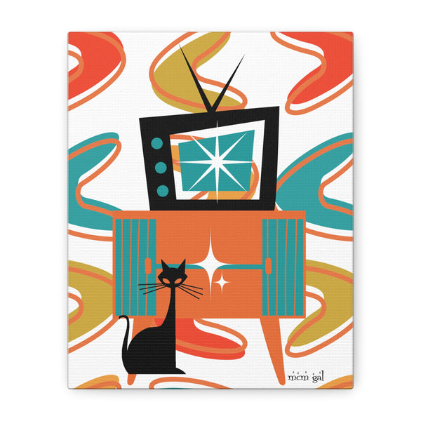 Atomic Cat Wall Art, Mid Century Modern Boomerang Kitschy Colorful Retro Cat Art Canvas