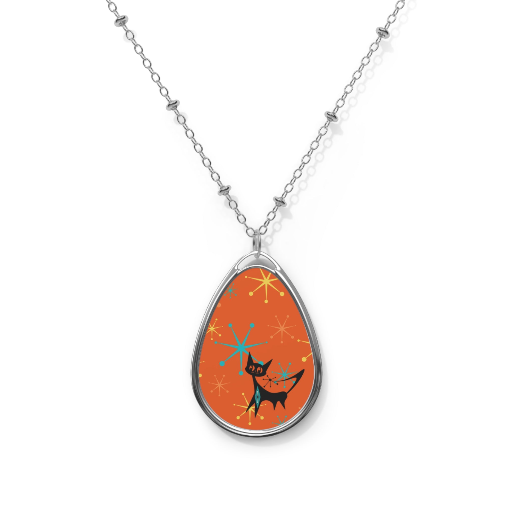 Atomic Cat Sinatra Orange Starburst Retro Oval Necklace with Colorful Design – Perfect Gift for Holidays - Mid Century Modern Gal
