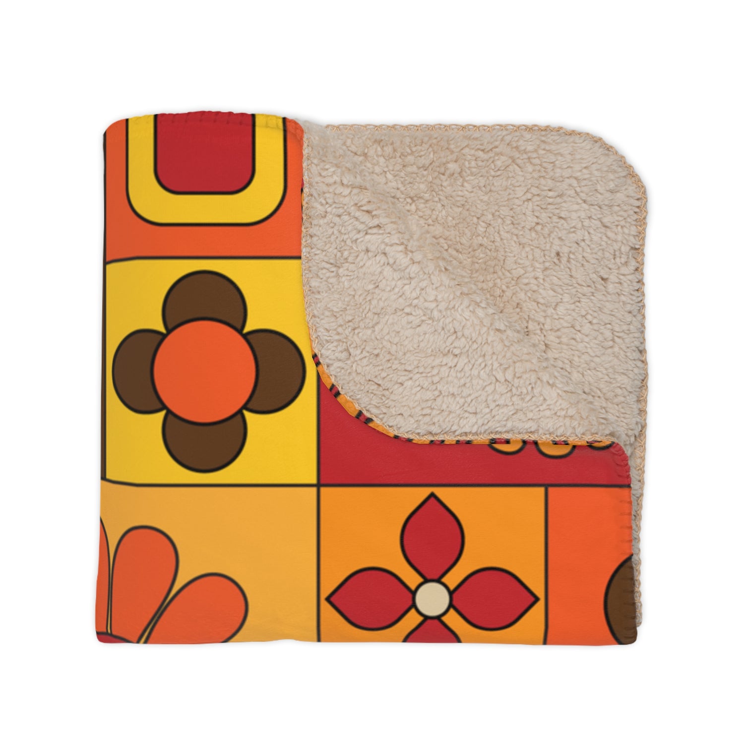 Retro Floral Boho Vibes, Orange, Yellow Brown Groovy Mod  Tan Sherpa Blanket - Cozy Throw for Home Decor &amp; Gifting - Mid Century Modern Gal