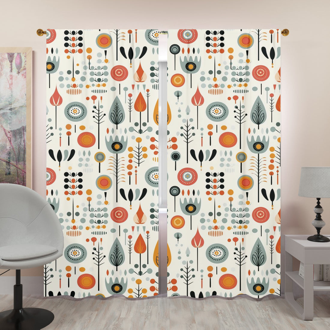 Mid Century Modern Scandinavian Floral, Mod Retro Opaque Window Curtains - Mid Century Modern Gal