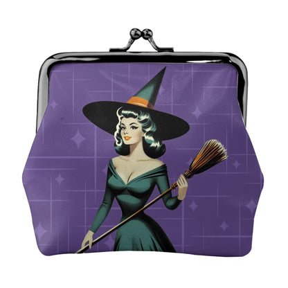 Mid Century Modern Vintage Pin Up Witch Purple Teal Halloween Coin Purse - Mid Century Modern Gal