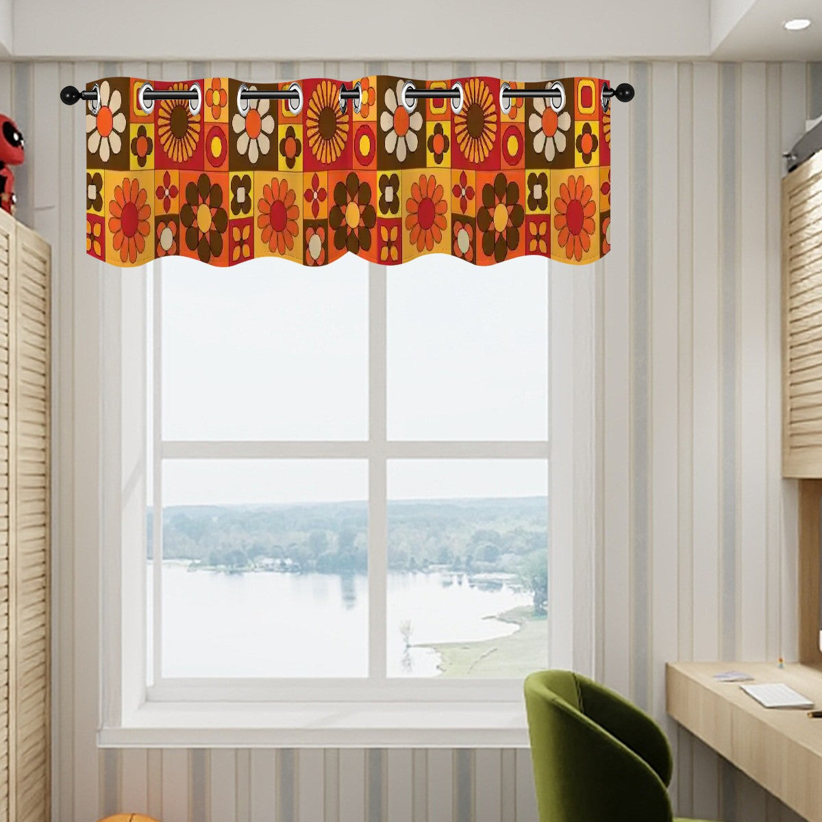 Retro Mid Mod 70s Flower Power Orange, Brown Yellow Retro Kitchen Valance Curtains - Mid Century Modern Gal