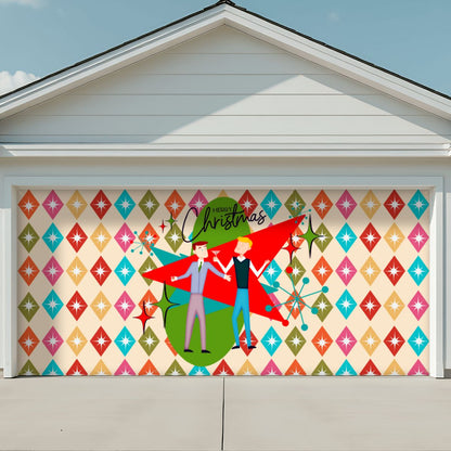 Mid Century Modern Christmas Gay Male Couple, Kitschy 50s Style Garage Door Banner Backdrop - Mid Century Modern Gal