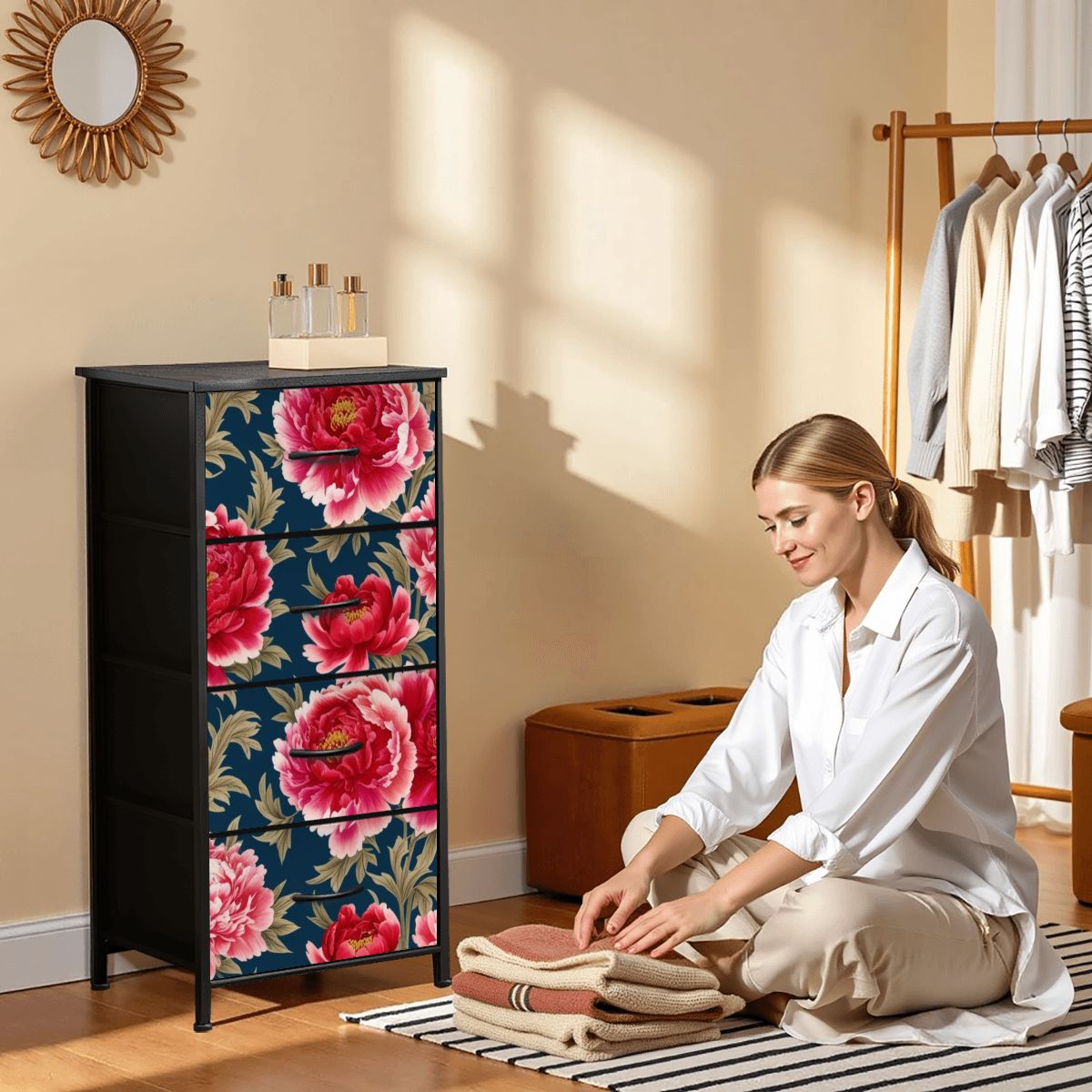 Modern Chinoiserie Royal Blue, Pink Red Floral 4-Drawer Dresser - Mid Century Modern Gal
