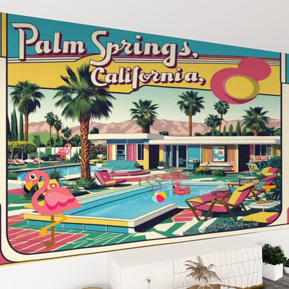 Palm Springs California Flamingo Kitschy Mid Mod Peel And Stick Canvas Self Adhesive Wallpaper - Mid Century Modern Gal