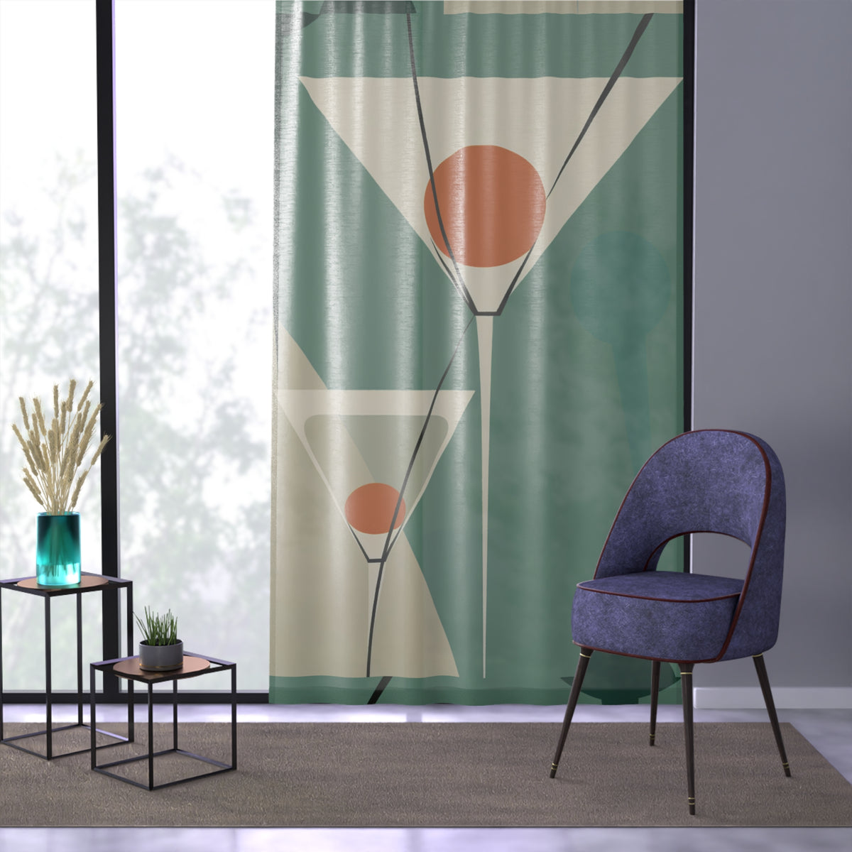 Mid Century Modern Martini Window Curtain, Stylish Decor for Living Room, Home Bar Decor, Retro Chic, Office Privacy Panel - Mid Century Modern Gal
